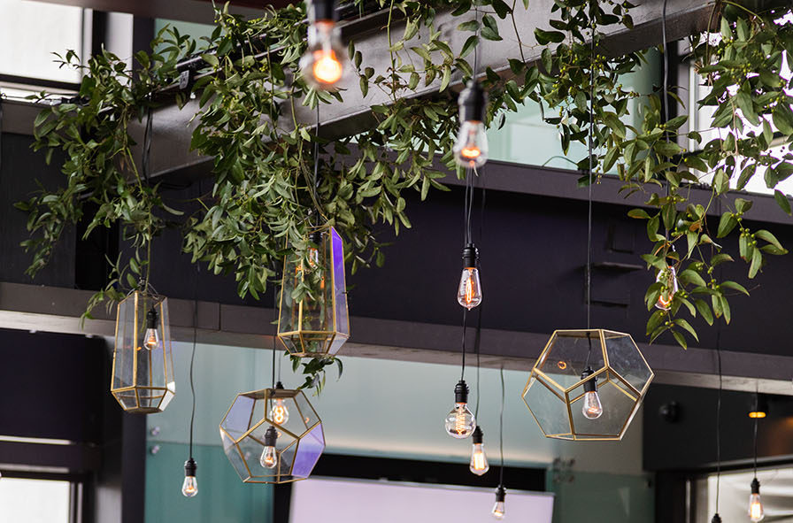 Geometric pendants, edison bulbs, and greenery decorate industrial beams