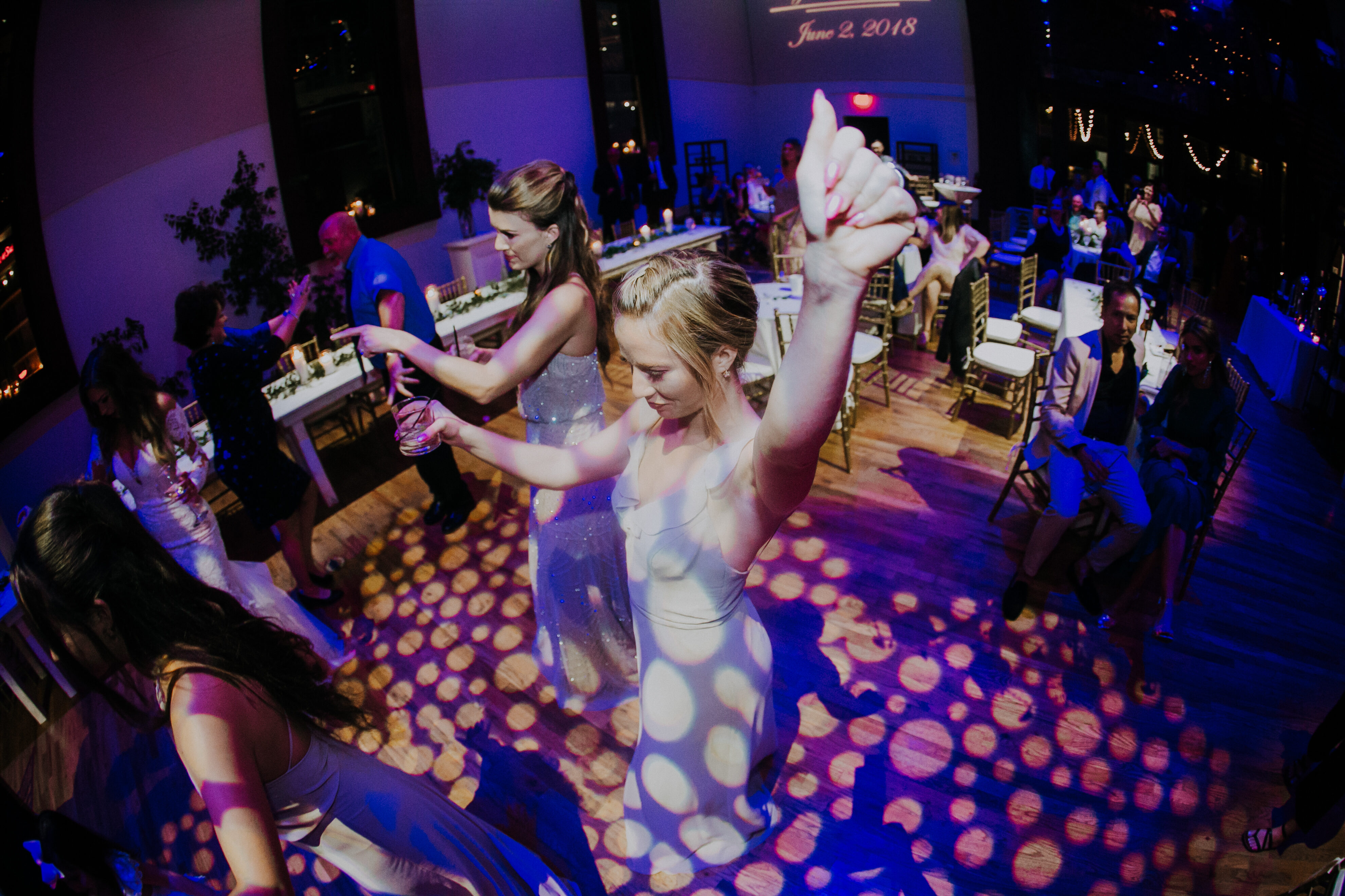 Patterned gobo shining on wedding reception dancefloor